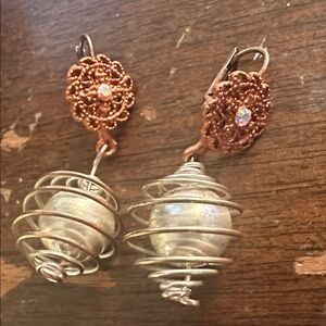 Copper And Pearl (think Faux) 80s Artist Made Earrings